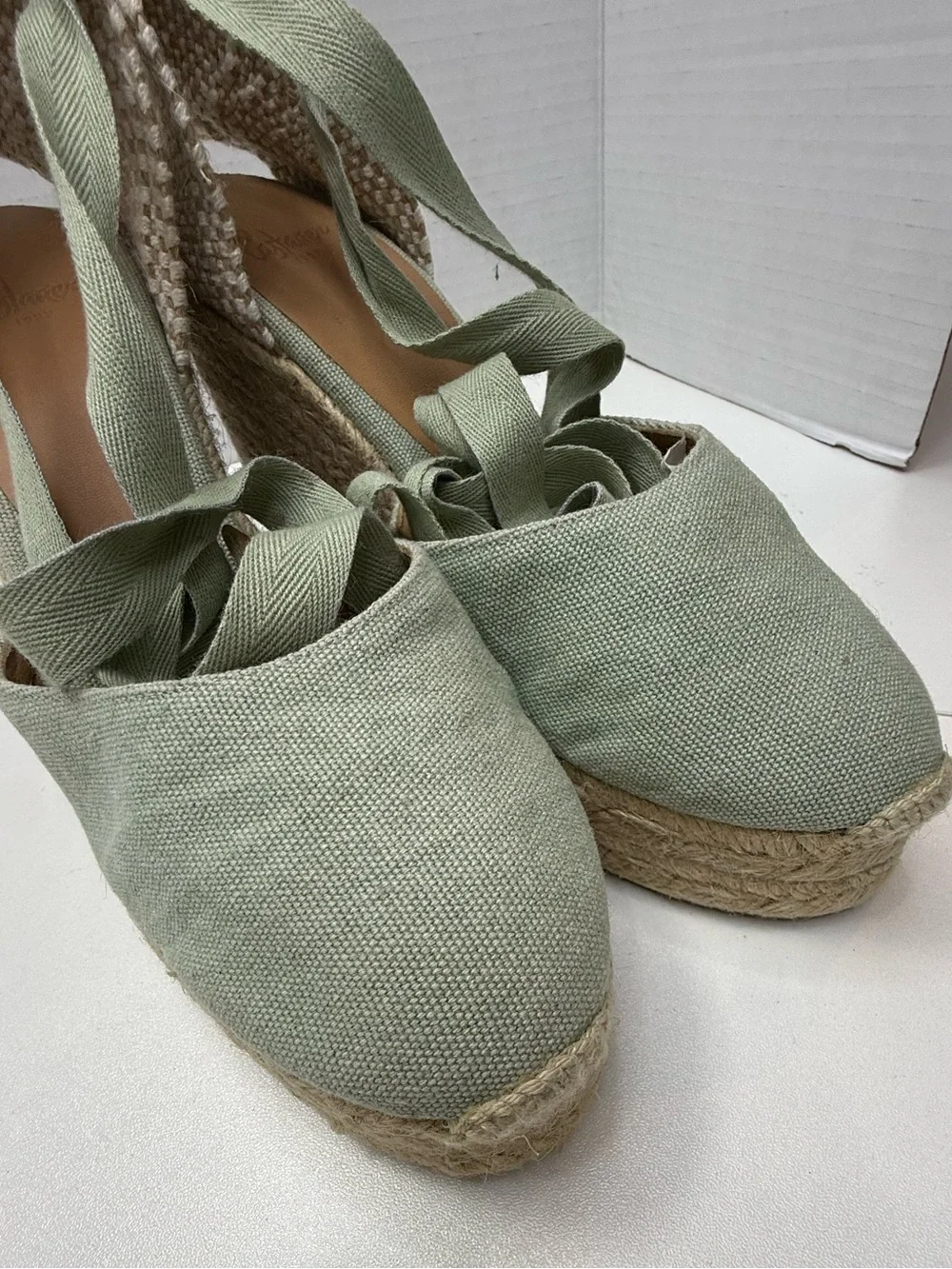 Castañer Carina Canvas Wedge Espadrilles Olive Green Size 37